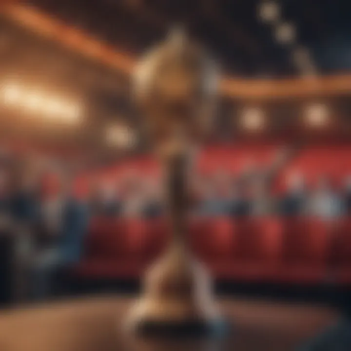 Close-up of an award statuette against a blurred background of a crowded auditorium