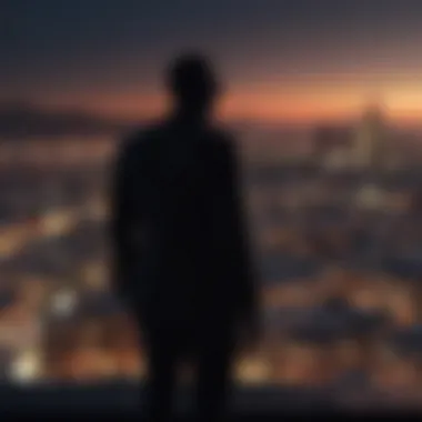 Silhouette of a secret agent overlooking a city