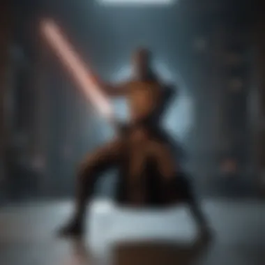 An artistic representation of a character wielding the nunchuck lightsaber in a sci-fi environment.