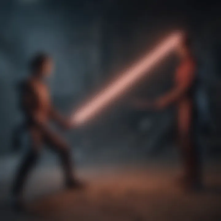 A vibrant fan art piece depicting a duel between a nunchuck lightsaber user and a traditional lightsaber wielder.