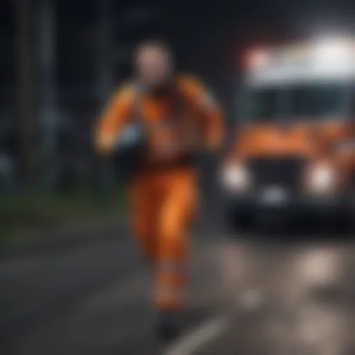 Dramatic scene of a paramedic rushing to aid a patient