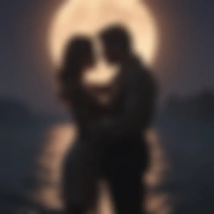 Silhouettes of couples in a romantic embrace under the moonlight