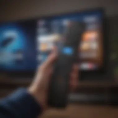 Hand holding Samsung Smart TV remote control with Peacock app icon highlighted