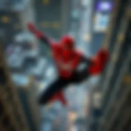 Spider-Man swinging through a bustling cityscape