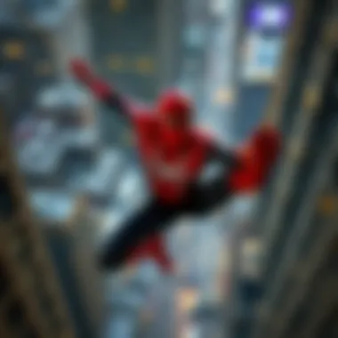 The Iconic Swing of Spider-Man Spider-Man swinging through a bustling cityscape