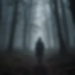 Dark silhouette of a figure with glowing eyes in a misty forest