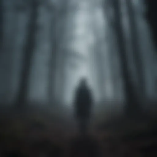 Dark silhouette of a figure with glowing eyes in a misty forest