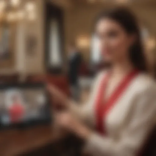 Elegantly dressed woman watching 'The Nanny' on a tablet