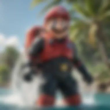 A vibrant scene showcasing Mario with his water jetpack in a sunny tropical environment