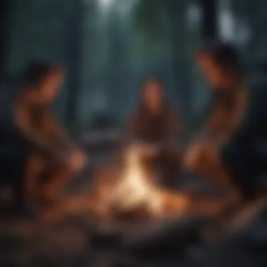 Contestants strategizing around a campfire