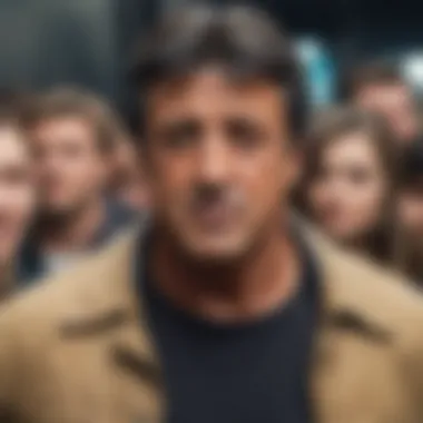 Sylvester Stallone cardboard cutout amidst enthusiastic fans