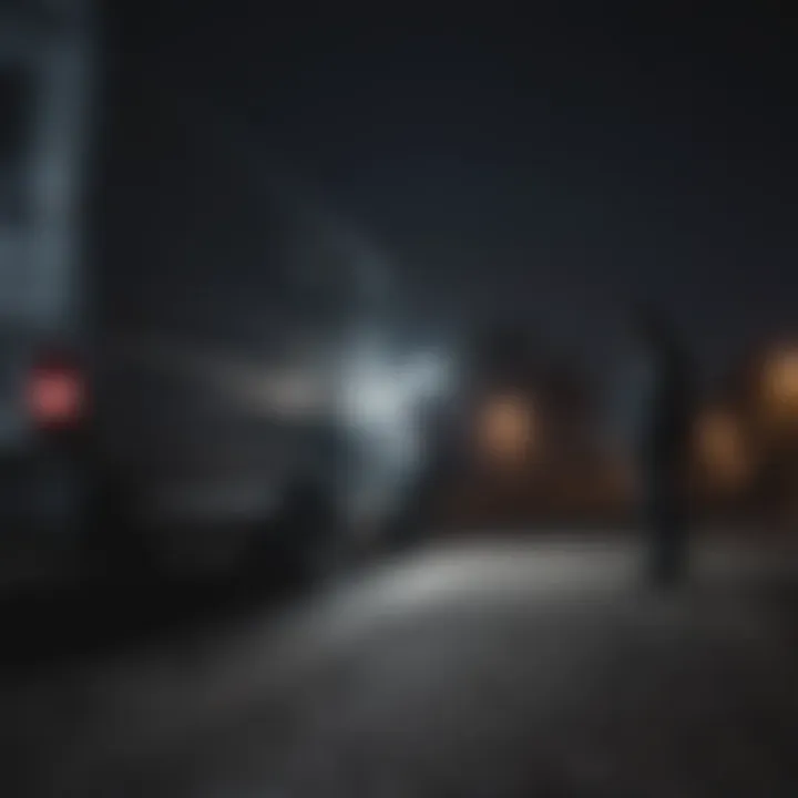 Shadowed figure lurking near a van at night