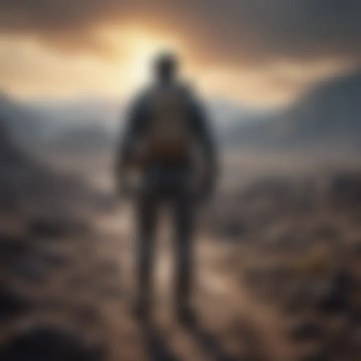 Conceptual artwork depicting a lone survivor in an apocalyptic landscape.