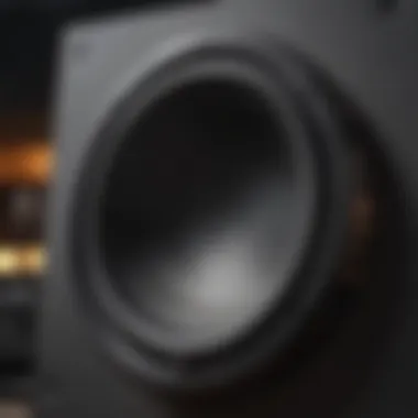 A close-up view of a subwoofer highlighting its detailed construction