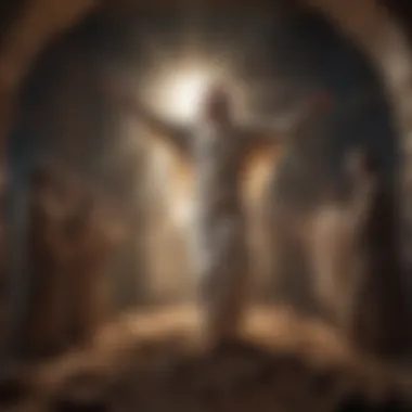 A dramatic scene illustrating the resurrection of Christ, with light and ethereal elements that convey hope and renewal.