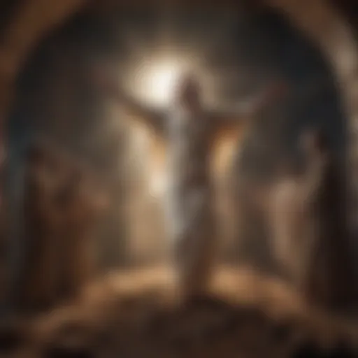 A dramatic scene illustrating the resurrection of Christ, with light and ethereal elements that convey hope and renewal.