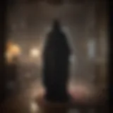 Mysterious cloaked figure in dimly lit room