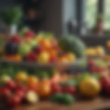 A close-up view of fresh, colorful fruits and vegetables arranged aesthetically on a table.