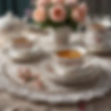 Sophisticated tea time elegance Vintage tea set on a lace doily with delicate floral patterns