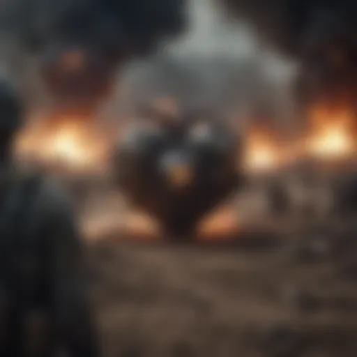 A tense battlefield scene capturing the chaos of war