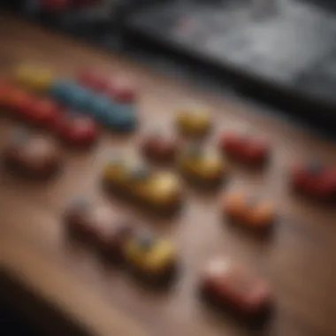 A collection of various Cherry MX switches displayed on a wooden background, showcasing their colors and types.